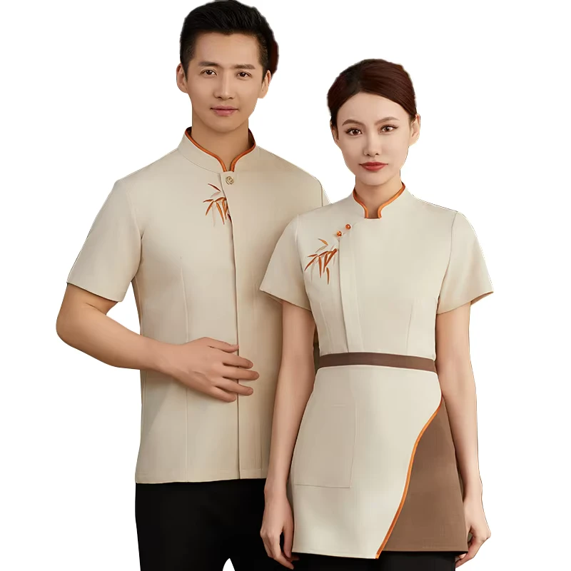 Modern Restaurant Waiter Uniform Polo Oversized Work Shirt Mens Black Short Sleeve