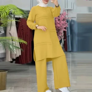 Modest Elegant Turkey Solid Sportswear Pants Set Crepe Fabric Casual Comfortable Tunic and Pants Blouse Suit for Women
