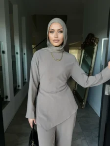 Modest Fashion Casual Wear Outfit 2 Pcs Set Pants Top with Side Belt Cord Set Muslim Women Long Sleeves Dress Suit Abaya