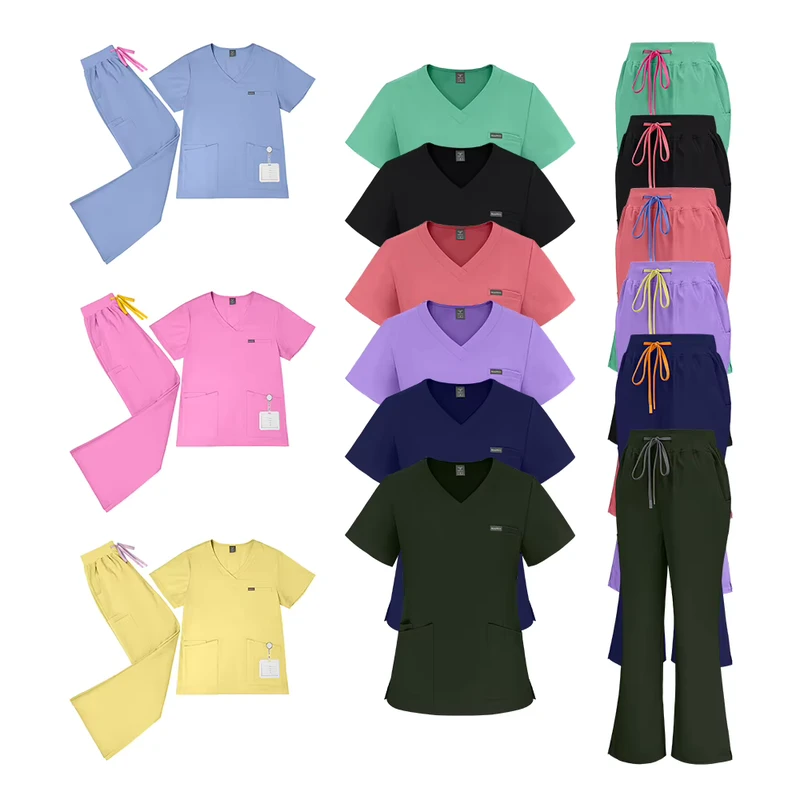 Moss Green Women Medical Workwear Scrub Set Anti Wrinkle Breathable Fabric Stylish Nurse Uniform Flare Pants