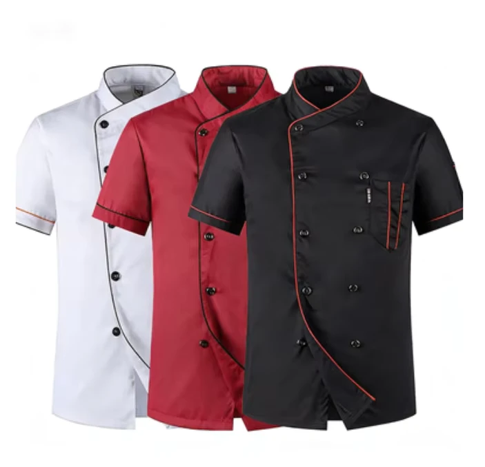 Multi-Color Wrinkle-Resistant Short-Sleeve Chef Coat Stand Collar Multi-Pocket Polyester Cotton Restaurant Uniform