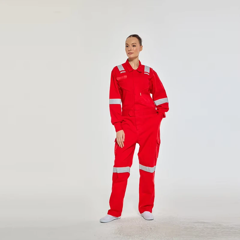 Multi-Pocket Adjustable-Waist Industrial Work Suit with Red Reflective Coverall