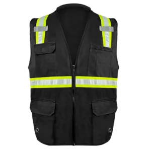 Multi-Pocket Black Polyester Hi Vis Reflective Safety Vest for Construction Work