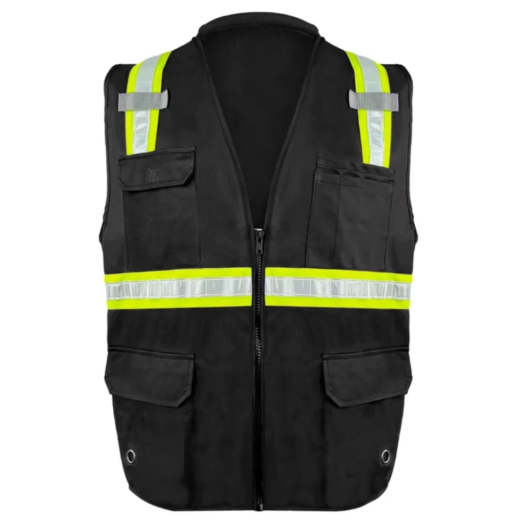 Multi-Pocket-Black-Polyester-Hi-Vis-Reflective-Safety-Vest-for-Construction-Work