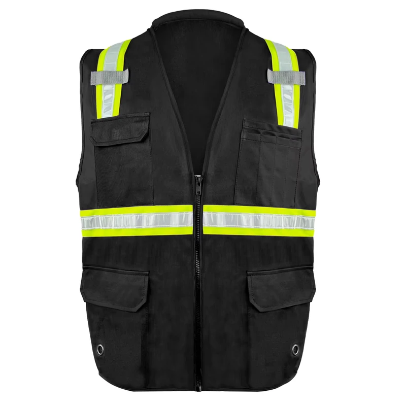 Multi-Pocket Black Polyester Hi Vis Reflective Safety Vest for Construction Work