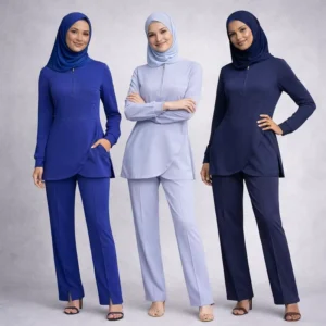 Muslim Long-Sleeve Stretch Medical Scrub Set with 8-Pocket Straight Pants