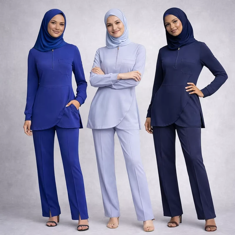 Muslim Long-Sleeve Stretch Medical Scrub Set with 8-Pocket Straight Pants