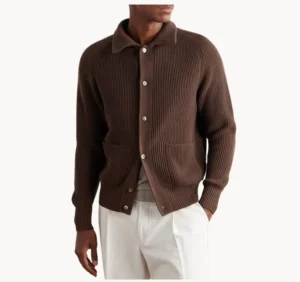 NARI ODM&OEM Supplier Custom Design Brown New Polo Collar Button up Ribbed Knit Wool Cardigan Sweater for Men