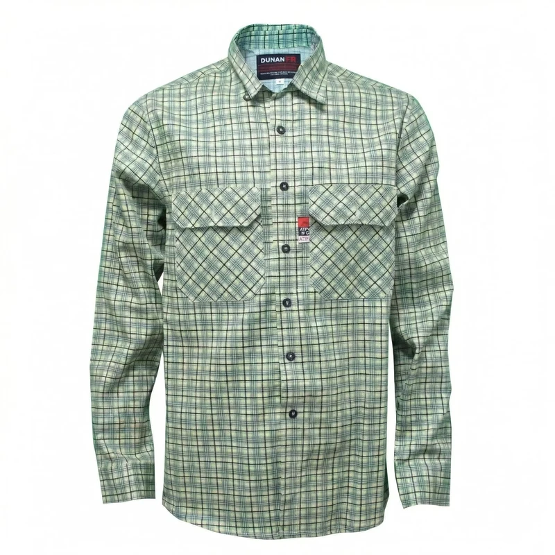 NFPA 2112 FR Plaid Shirt Work Long Sleeve Welding Mechanics Construction Button Up Cotton FR Shirt Plaid Pattern