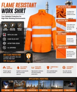 NFPA 2112 Reflective Flame Resistant Work Shirt 100% Cotton FR Safety Shirt for Welding Construction Industrial