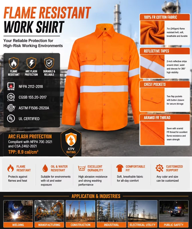 NFPA 2112 Reflective Flame Resistant Work Shirt 100% Cotton FR Safety Shirt for Welding Construction Industrial