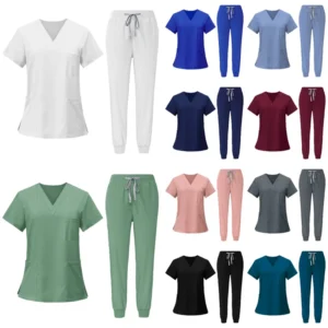 NIAAHINN Women’s Mint Green Medical Scrubs Set V Neck Top Jogger Pants Comfortable Woven Fabric Nurse Uniform Custom Logo