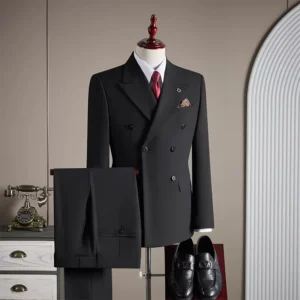 National Style Chinese Zipper Beaded Men’s Black Stand Collar Zhongshan Suit Wedding Engagement Suit