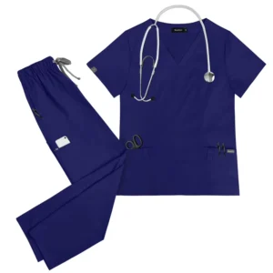 Navy Blue Medical Scrub Set V-Neck Short Sleeve Top Long Pants TR Stretch Hospital Uniform