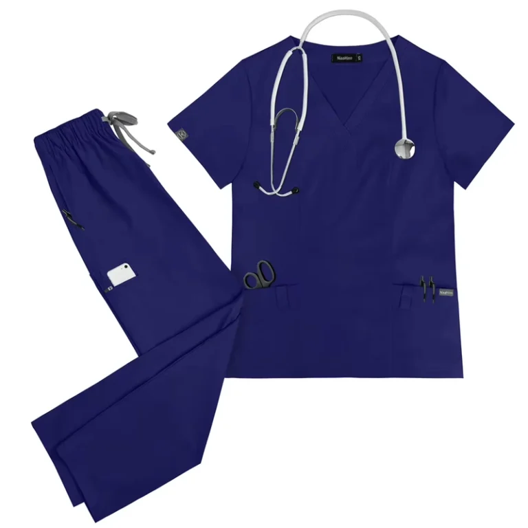 Navy-Blue-Medical-Scrub-Set-V-Neck-Short-Sleeve-Top-Long-Pants-TR-Stretch-Hospital-Uniform