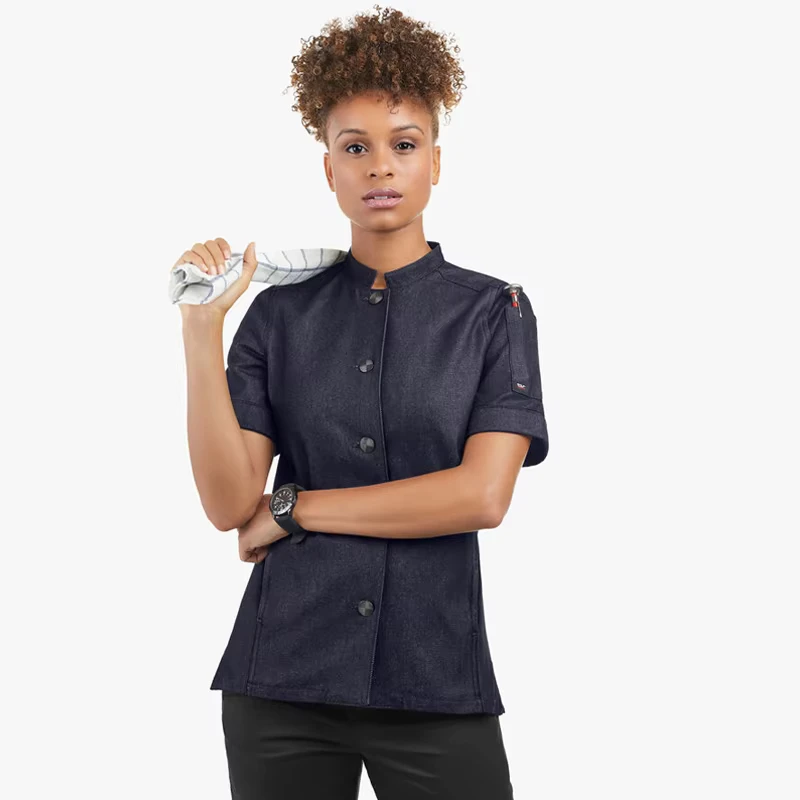 Navy Blue Woven Cotton Chef Coat Uniform for Unisex Restaurant Use Durable and Soft