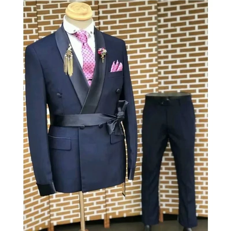 Navy Double Breasted Men's Suit Satin Shawl Lapel Wedding Prom 2 Pieces Jacket+Pant