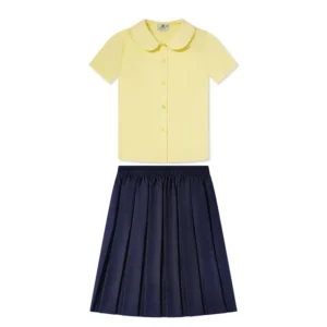 Navy Jumper Dress Short-Sleeve Skirt School Uniform Set for Girls with Yellow Blouse