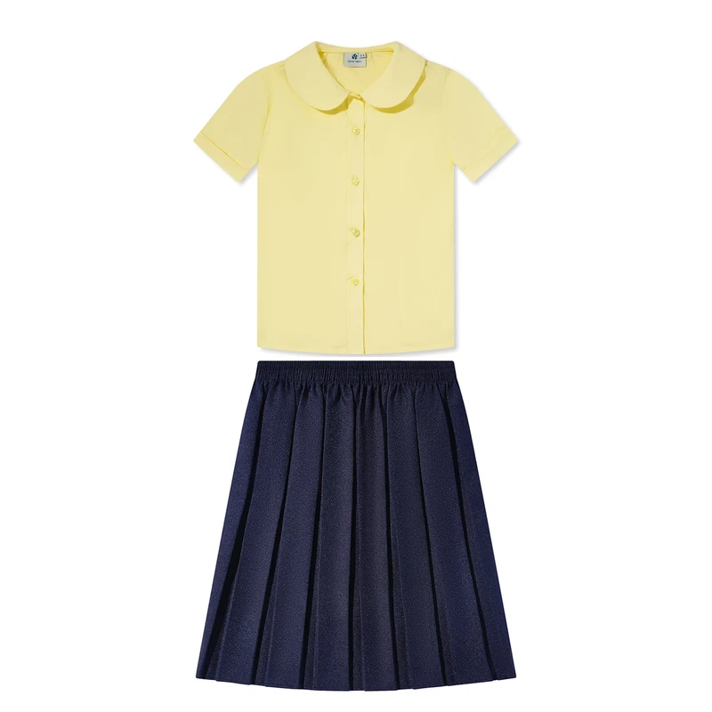 Navy Jumper Dress Short-Sleeve Skirt School Uniform Set for Girls with Yellow Blouse