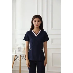 Navy V-Neck Cotton Polyester Short Sleeve Nurse Scrub Uniform