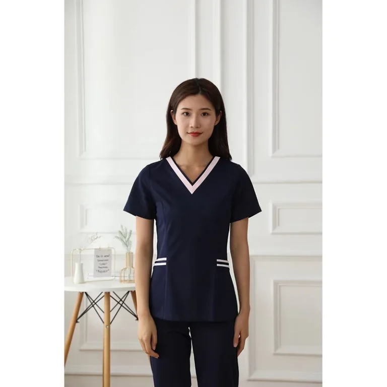 Navy-V-Neck-Cotton-Polyester-Short-Sleeve-Nurse-Scrub-Uniform