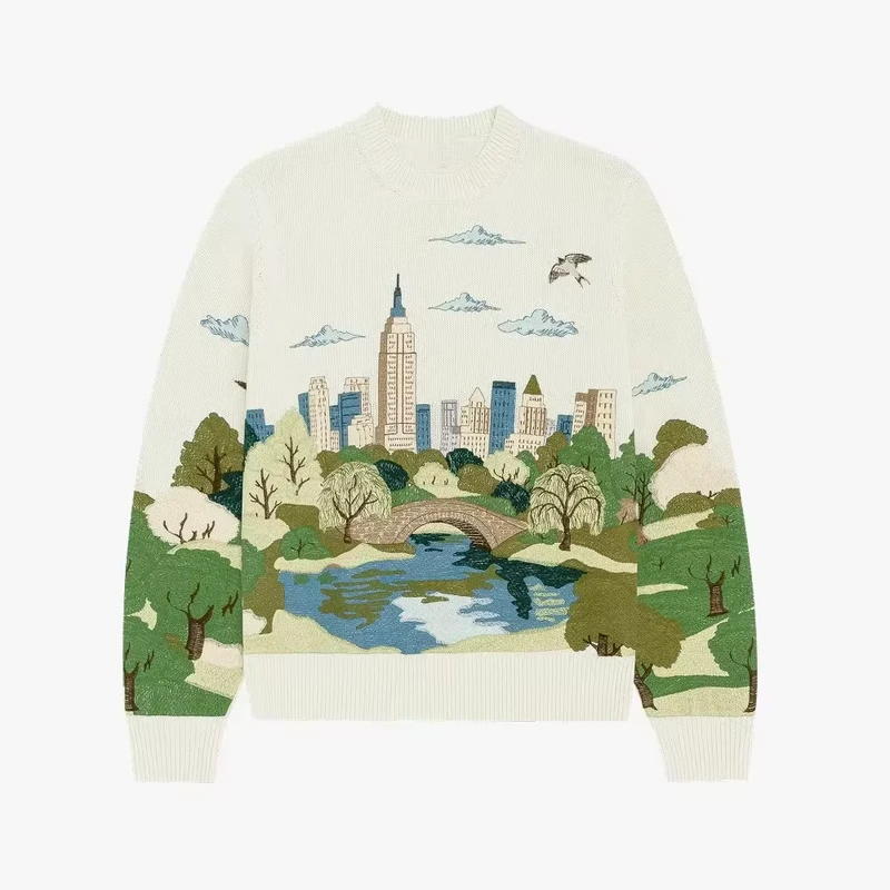 Neck Knit Pullover Men's Casual Soft Warm Sweater with City Landscape Desigm