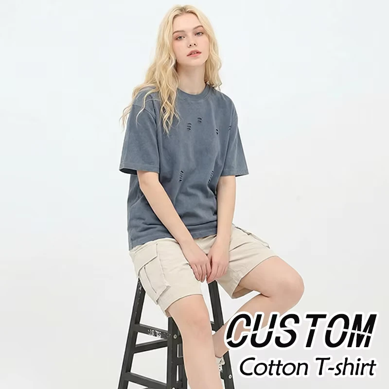 New American Fashion Heavyweight Crew Neck Oversized Knitted 100% Cotton Solid Casual T shirt Retro Washed Batik Vintage Design
