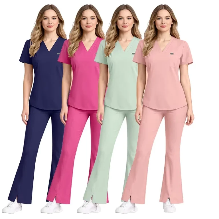 New-Arrival-Scrubs-Uniforms-Sets-for-Women-4-way-Stretchy-Fabric-V-neck-Flare-Pant-Womens-Medical-Scrubs-Beauty-Salon-Scrubs