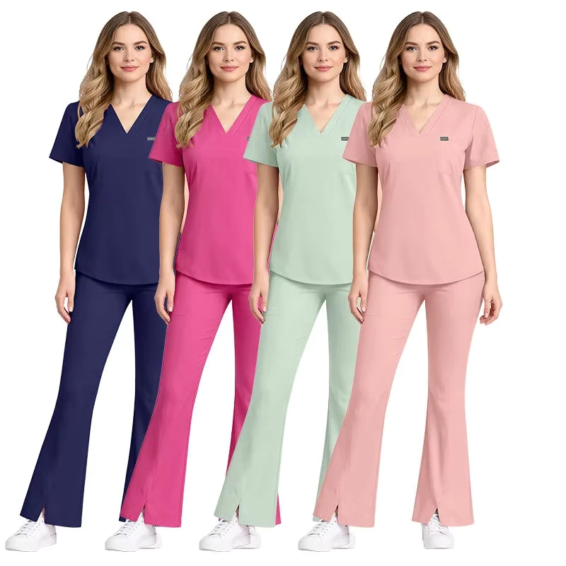 New Arrival Scrubs Uniforms Sets for Women 4 way Stretchy Fabric V neck Flare Pant Women's Medical Scrubs Beauty Salon Scrubs