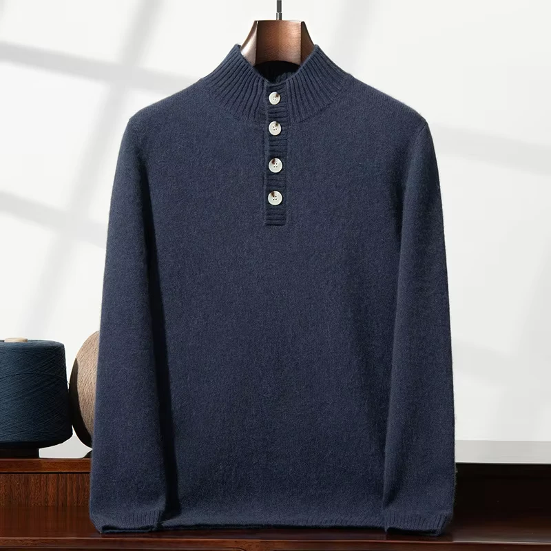New Autumn Winter Men's High Neck Cashmere Sweater Casual Thickened Wool Pullover Custom Knitted Wool Base Layer Sweater