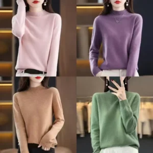 New Autumn Winter Women’s Half Turtleneck 100% Cashmere Sweater Pullover Solid Color Loose Knit Slimming Base Sweater