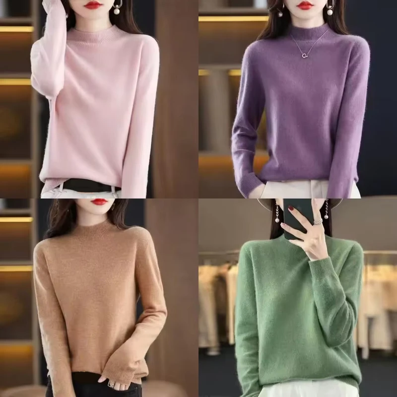 New Autumn Winter Women's Half Turtleneck 100% Cashmere Sweater Pullover Solid Color Loose Knit Slimming Base Sweater