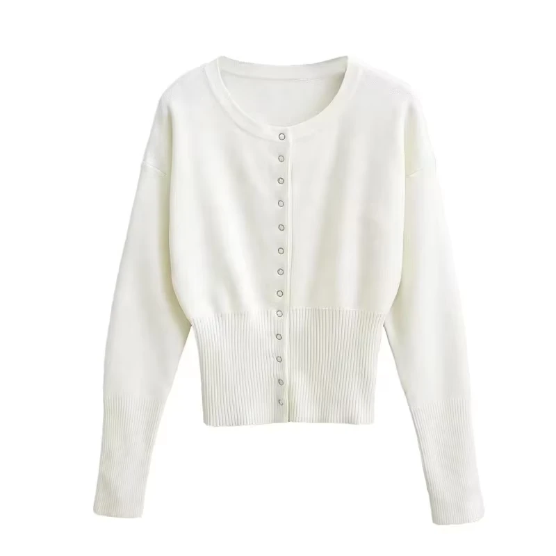 New Classic Basic Style Temperament Sense Design Crew-neck Casual Knit Cardigan Sweater
