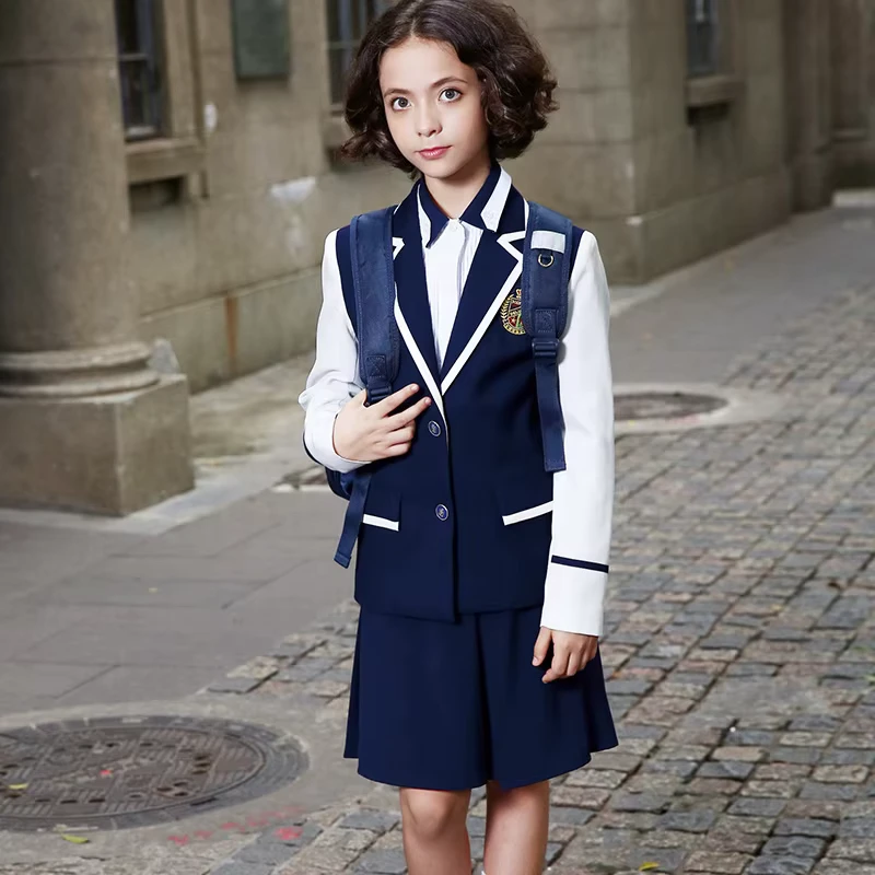 New Design British Style School Uniforms Custom logo Navy Blue Primary School Uniforms