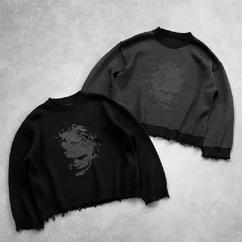 New Design Custom Jacquard Sweater Oversize Drop Shoulder Jacquard Knitwear Street Style Distressed Knitted Men's Sweaters