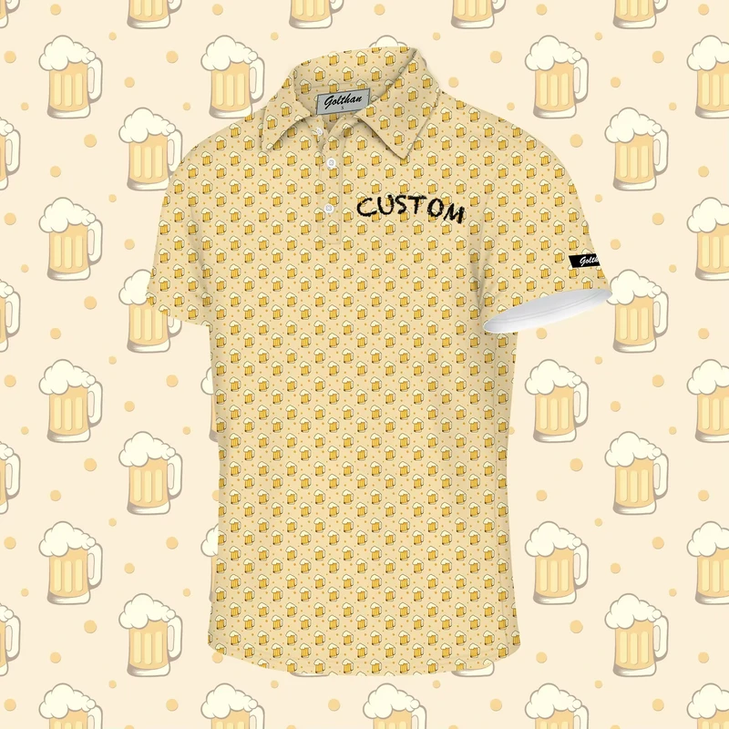 New Design Custom Logo Embroidery Beer Full Over Print Pattern Stretch Fabric Soft Moisture Wicking Golf Polo T Shirts