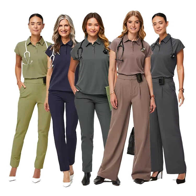 New Design Drop Shoulder Polo Suit Woven Hospital Scrub Set Stretchy Breathable Comfortable Medical Scrubs Hospital Nursing