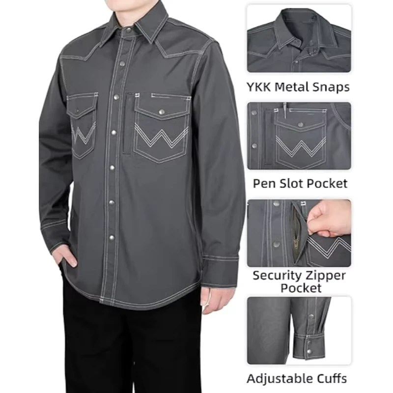 New Design FR Flame Retardant 8.5OZ Metal Snap Shirts Arc Protective CAT2 Fire Proof Shirts