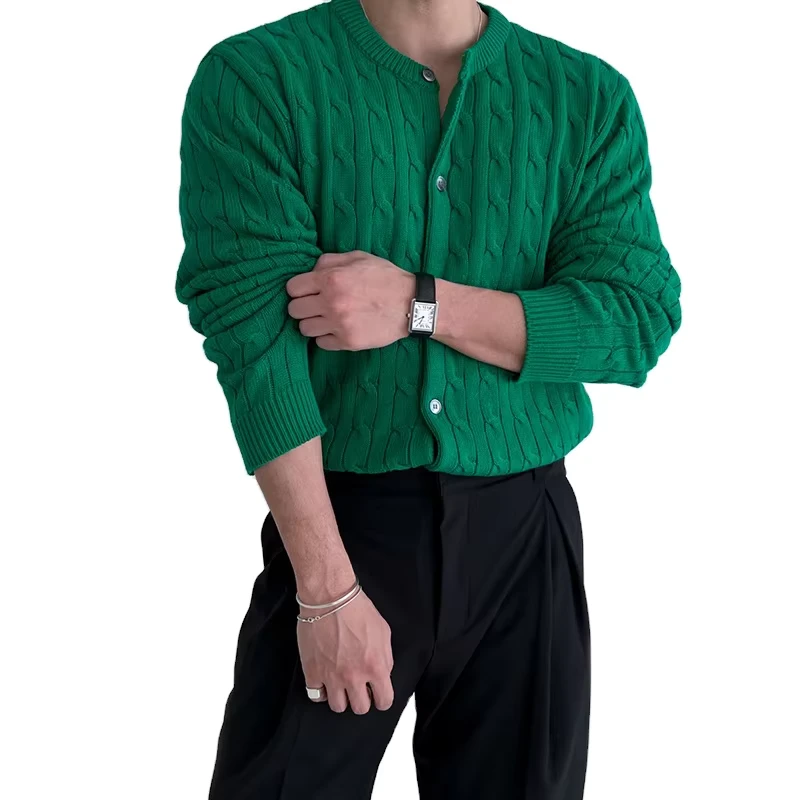 New Korean Men's Black Cable Knitted Buttoned Cotton Cardigan Jacket Sweater