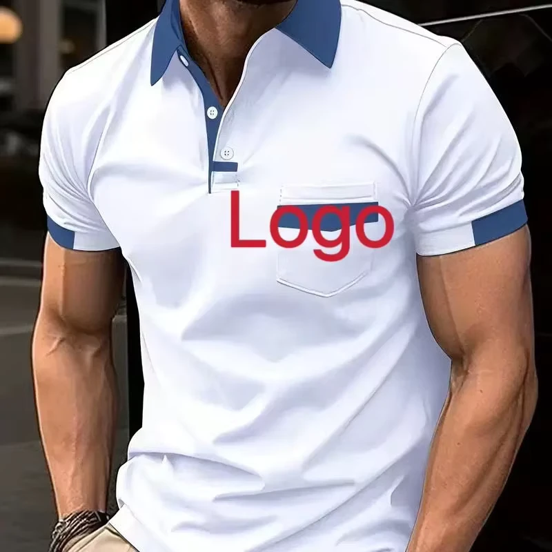New Men Polo Shirt Short Sleeve Contrast Color Collar Summer Casual Streetwear Fashion Tops Print Jersey Quick Dry Pocket