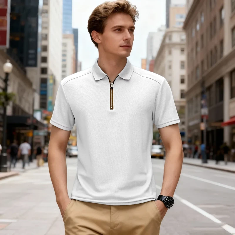 New Men's Zipper Casual Sports Export Half Sleeve Solid Color Short Sleeve T shirt POLO