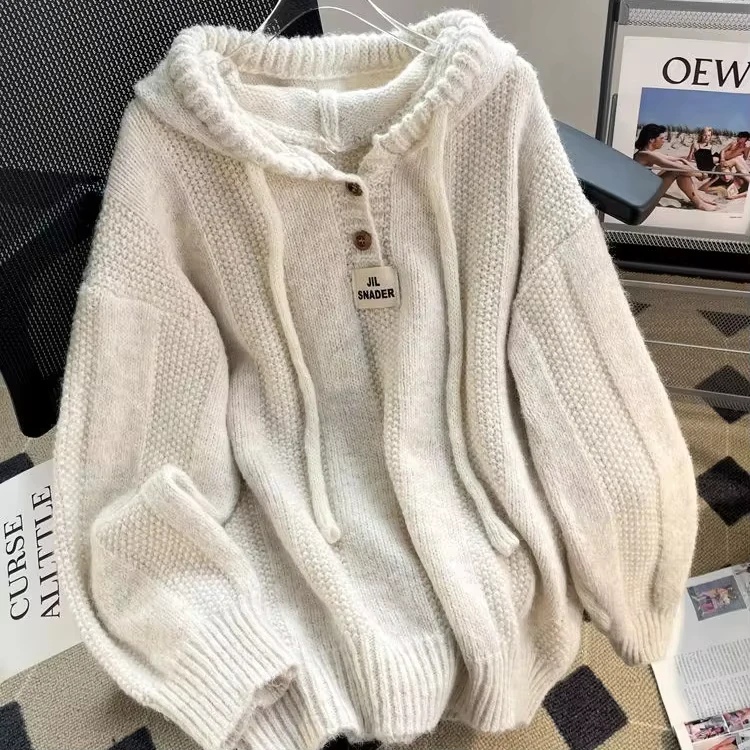 New Oem Thick Sweater for Women Autumn and Winter Loose Wind Soft Waxy Drawstring Sweater Pullover Threaded Top Sweater Coat