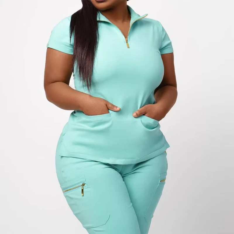 New Style Female Nurse Top Uniform Set Zipper Pullover Scrubs Stretch Hospital Jogger Fashion Medical Uniforms