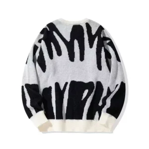 New Style Personality Crew Neck Jacquard Sweater Youth Black and White Splicing Large Size Sweater