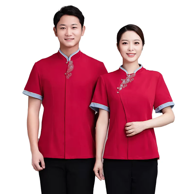 New Summer Cafe Staff Uniform Tops Short Sleeved Embossed Milk Tea Bakery Restaurant Front Desk Uniforms