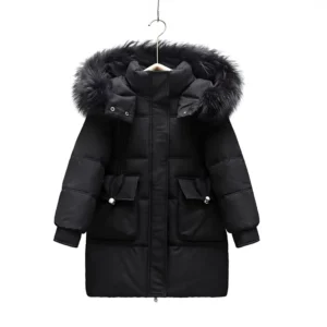New Winter Girls’ Long Thickened Padded Jacket Windproof Warm Outerwear with Faux Fur Trim Hood Down filled Coat