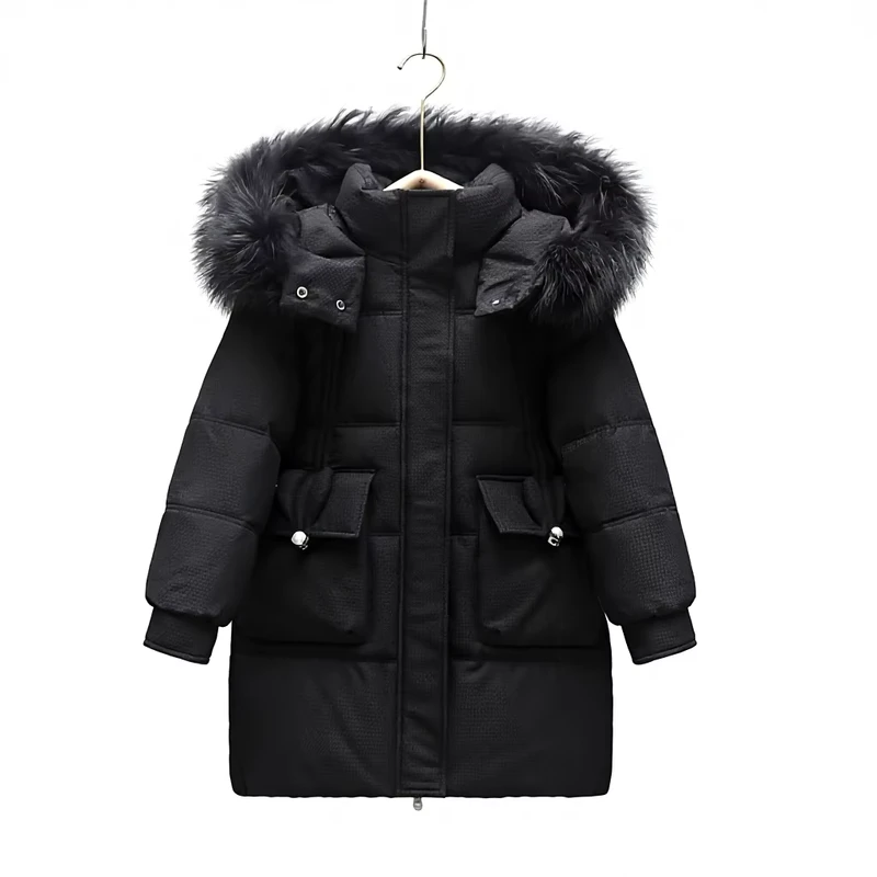 New Winter Girls' Long Thickened Padded Jacket Windproof Warm Outerwear with Faux Fur Trim Hood Down filled Coat