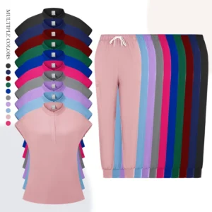 New Women’s Medical Scrubs Uniforms Set Needle Detection Mock Neck Short Sleeve Jogger Pants Hospital Nursing ODM Supply