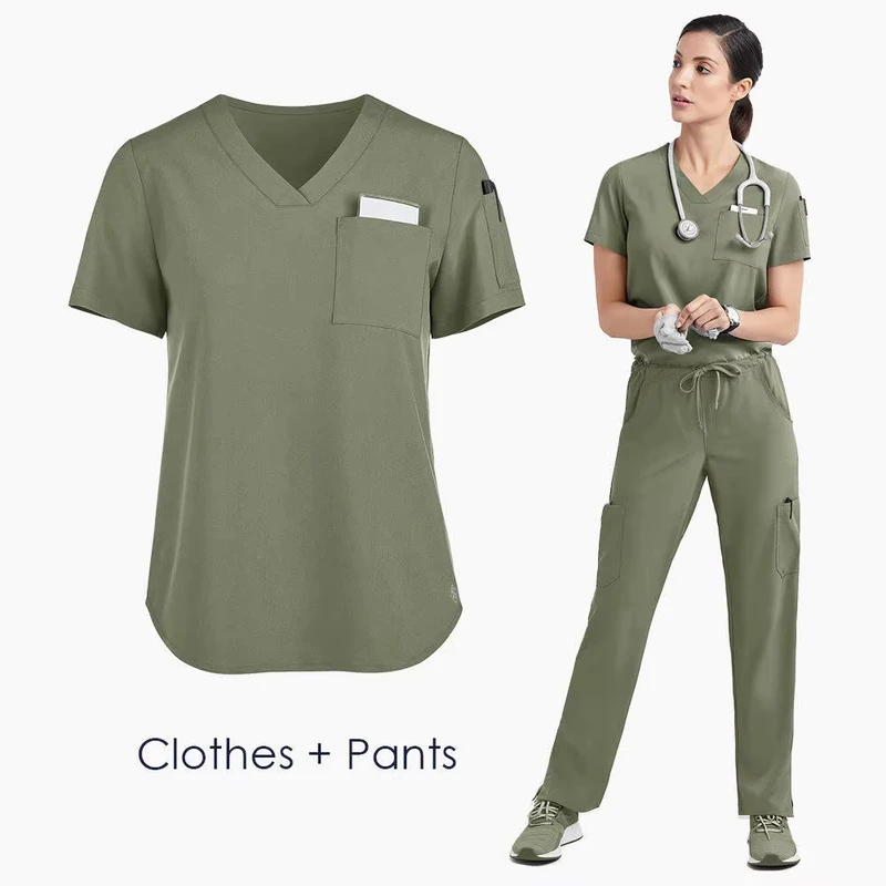 New Woven Short Sleeve V Neck Surgical Scrub Suit Nurse Uniform Women Set Operating Room Elastic Surgical Gown