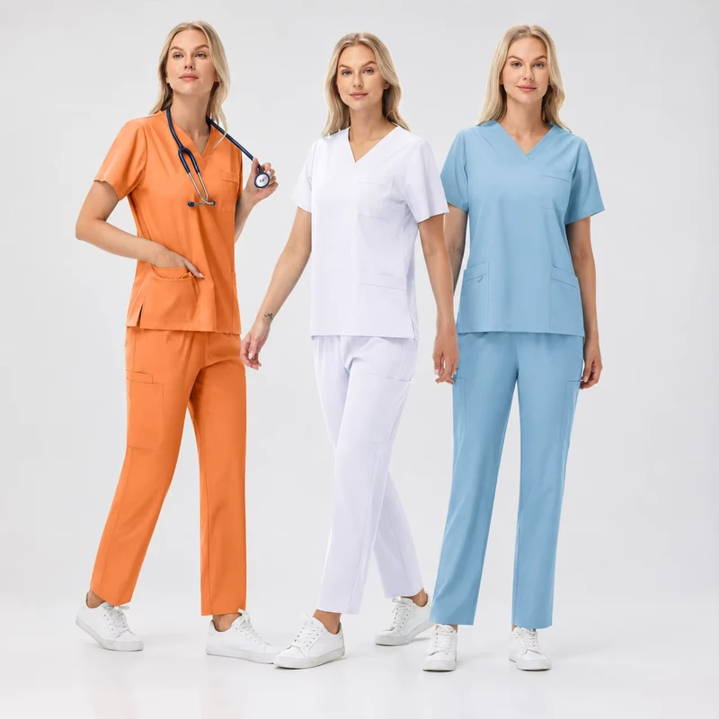 Niaahinn Unisex Hospital Scrub Set Twill Fabric Spandex Polyester Material Stretch Breathable V Neck Straight Nurse Uniform Sets